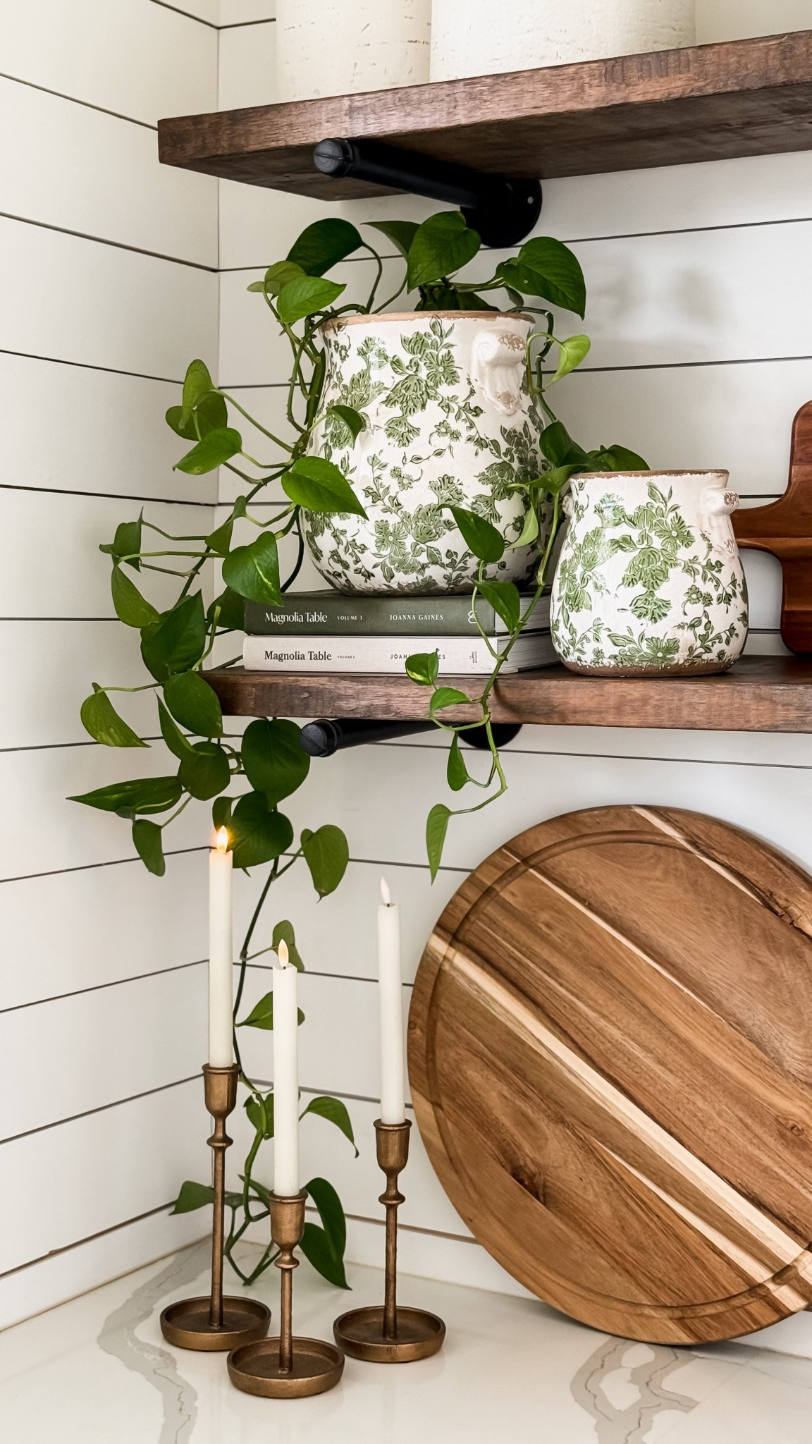 Obsessed with this little corner in my kitchen! I love these Tuscan planters on my open shelving with the gold candlesticks and wood accents! So warm and cozy!

#LTKSeasonal #LTKHome #LTKselfcare