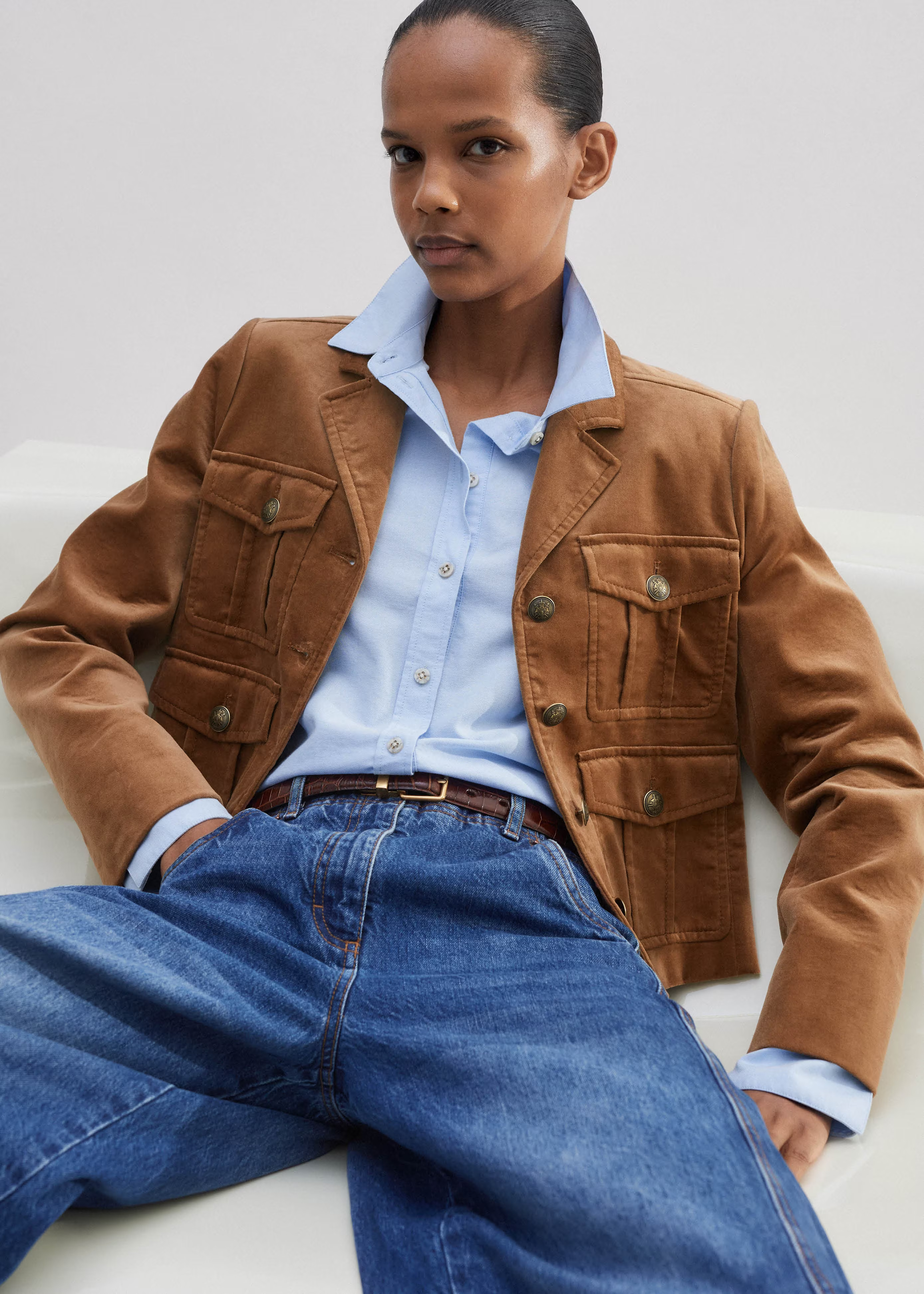 Women's Brown Velvet Military Crop Jacket | ME+EM | ME+EM US