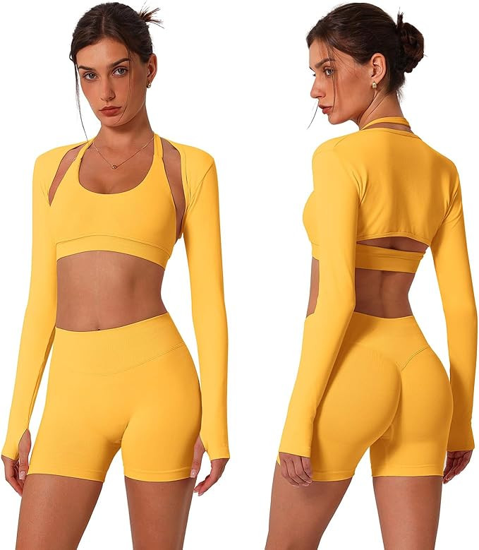 ABOCIW 3 Piece Workout Sets for Women Seamless Halter Sports Bra High Waist Biker Shorts Long Sle... | Amazon (US)