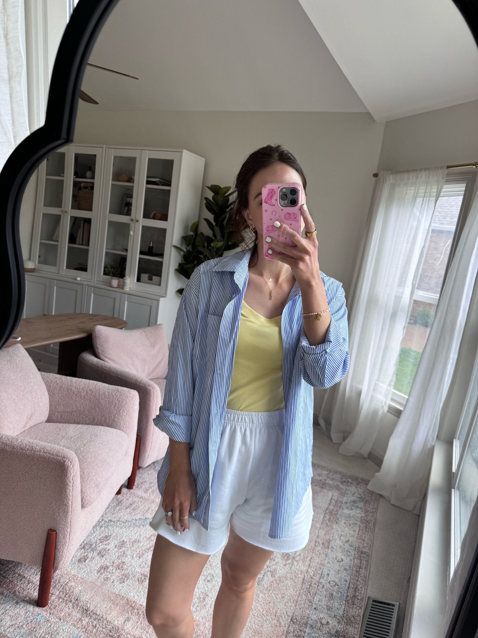 Blue stripe button down : wearing m
Yellow shirt : wearing s
White sweatshort : wearing m (linked similar) 

Casual outfit // mom outfit // mom ootd // summer outfit 

#LTKStyleTip #LTKSeasonal #LTKFindsUnder50