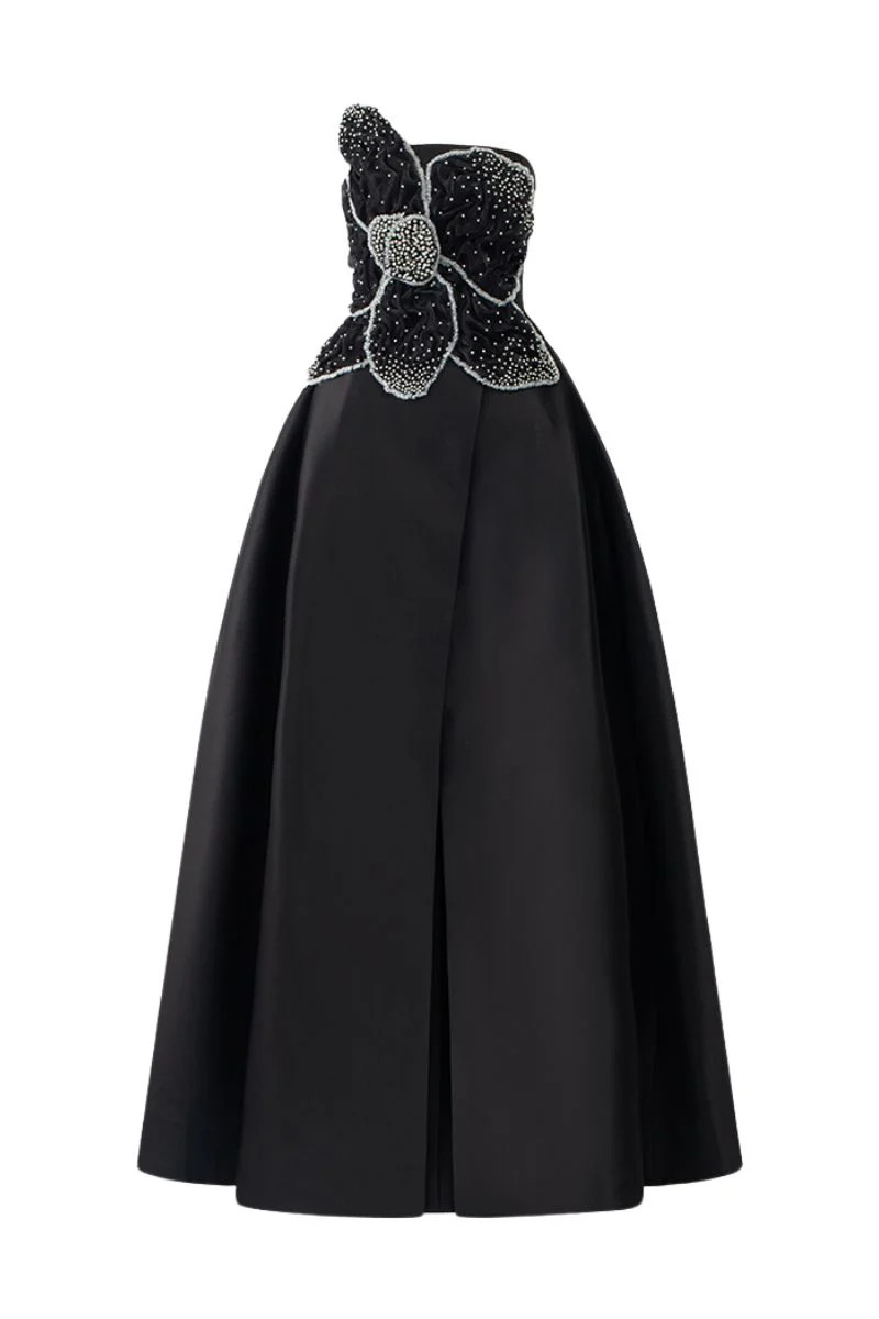 BLACK STRAPLESS ORCHID PATTERNED A-LINE GOWN | Tracy Studio | CULT MIA | CULT MIA UK LTD