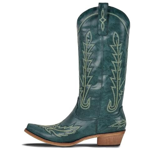 Yolkomo Knee High Cowgirl Boots Green Cowboy Boots for Women Mid Calf Pointed Toe Distressed Western Chunky Block Low Heel Pull-On Leather EmbroideGreen Booties Size 9 | Amazon (US)
