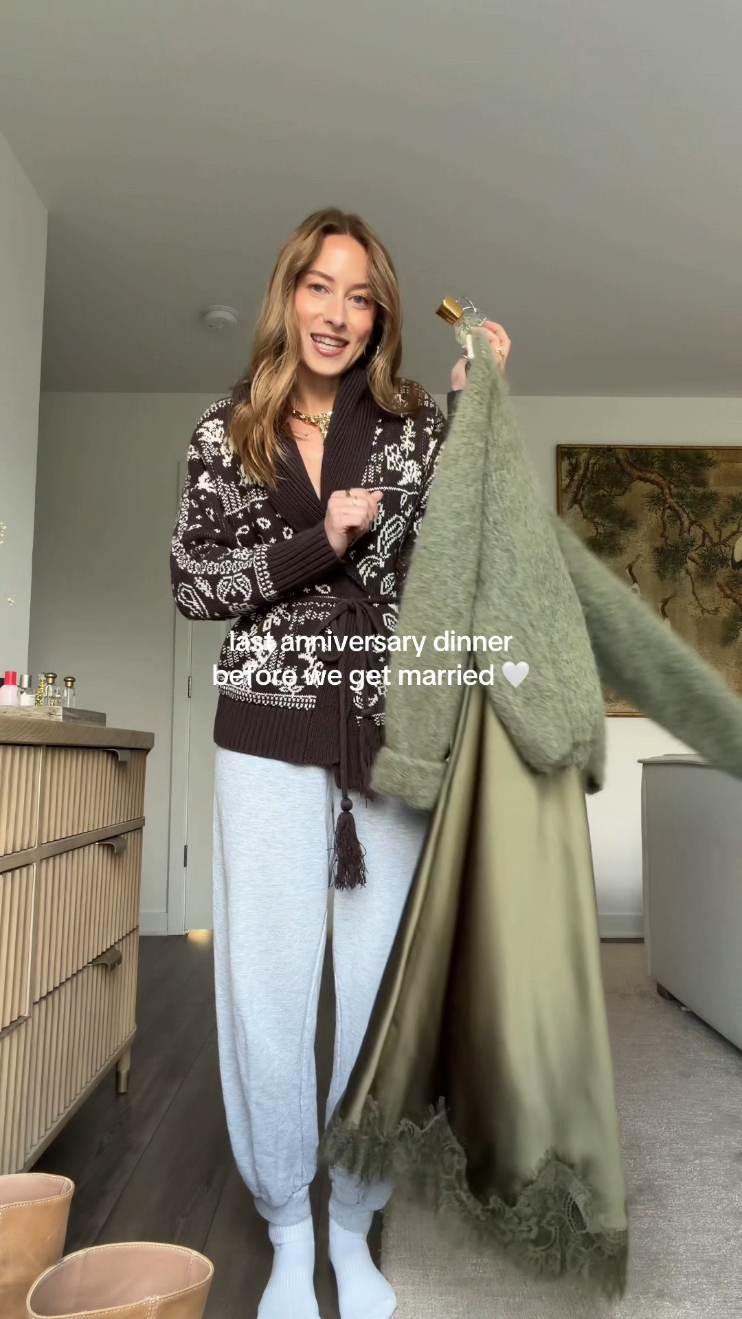 10/3/26 Anniversary Dinner Outfit 🍂🤎

Our last anniversary dinner before we get married next year 🥹🤎 Went a little elevated + fall for date night — wearing my green satin lace-trim Tuckernuck skirt (size 0) with Steve Madden Riggs boots + my older Loeffler Randall bag and Amazon sunglasses.
My NBY sweater is from American Vintage and unfortunately isn’t linkable, but I’ll add something similar! One of my favorite fall date-night looks lately 🍂

#LTKootd #LTKSeasonal