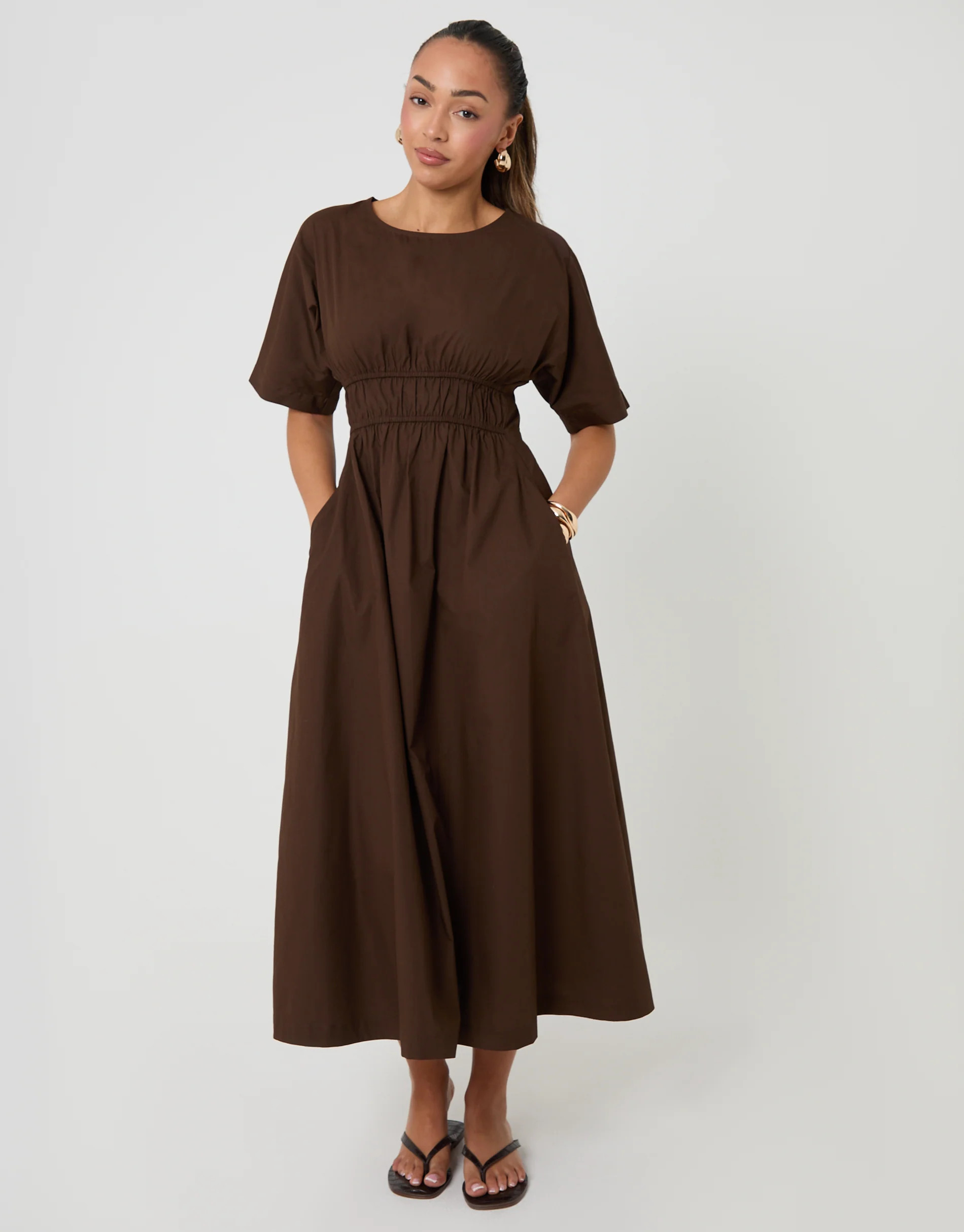 Chocolate Brown Elasticated Waist Cotton Poplin Midi Dress | Threadbare