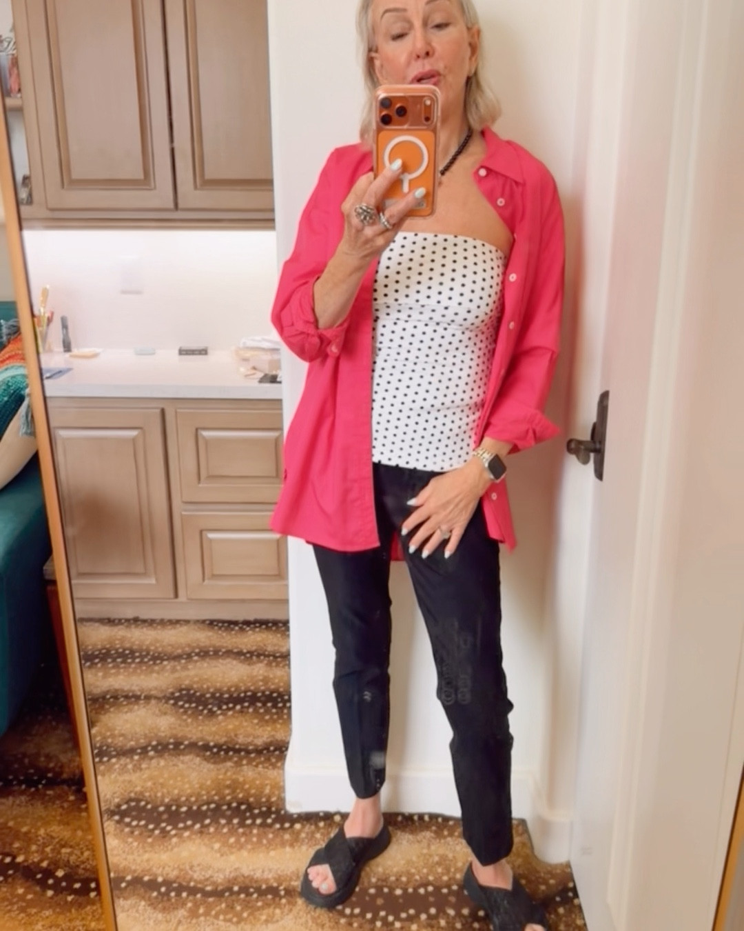  button up, long sleeve. Classic shirt collar, simple basic plain women's shirts.
Tube top comes in many colors
I am wearing a medium but could wear a small. 
Brigitte slim ankle pants perfect for year round. Great fit. I wear a size 0 in Chico’s unique sizing. I can sometimes wear. Size 00 in their stretch bottoms

#LTKOver40 #LTKSaleAlert #LTKmomlife