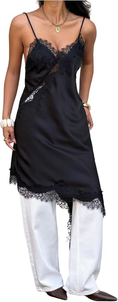 MakeMeChic Women's Lace Satin Asymmetrical Tops Spaghetti Strap Contrast Mini Dress | Amazon (US)