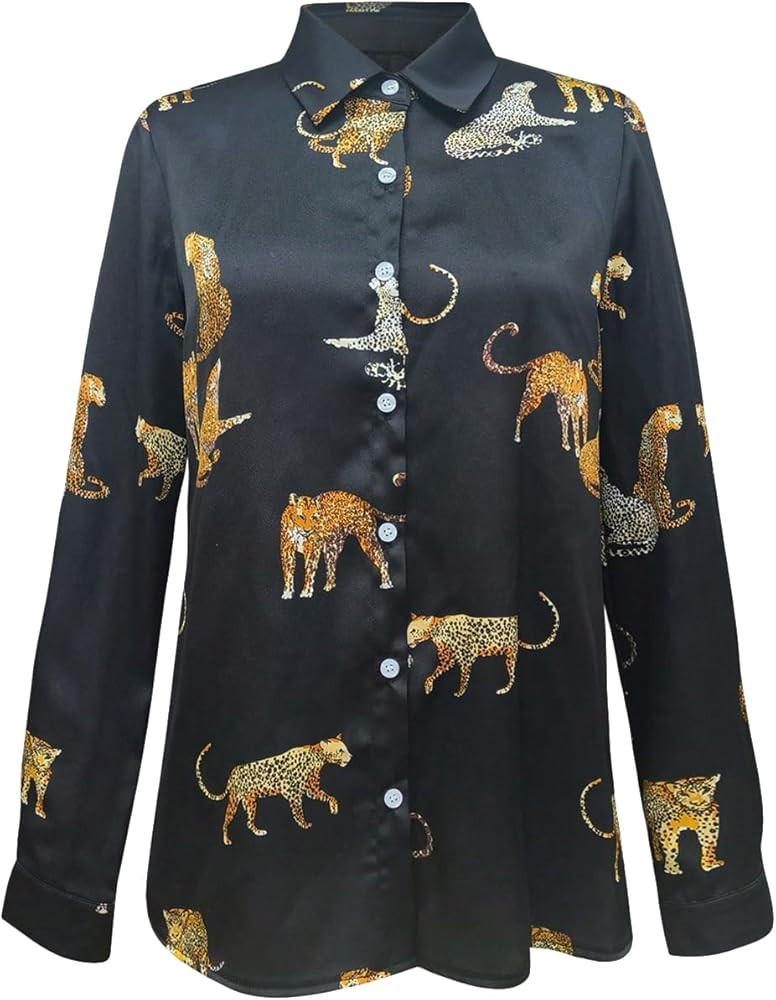 WDIRARA Women's Leopard Button Down Satin Shirt Long Sleeve Dressy Blouse Top | Amazon (US)