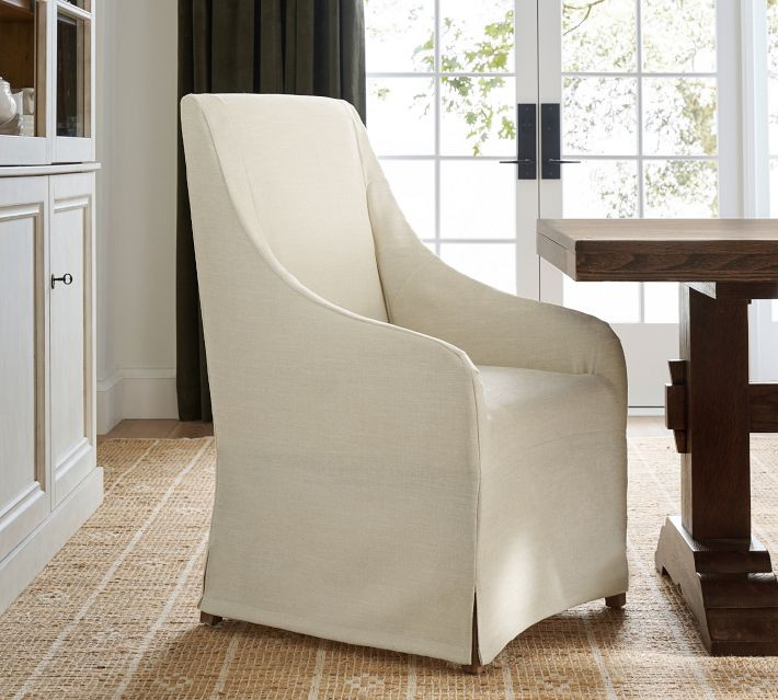 York Slipcovered Dining Armchair, Performance Midland Tweed, Stone | Pottery Barn (US)