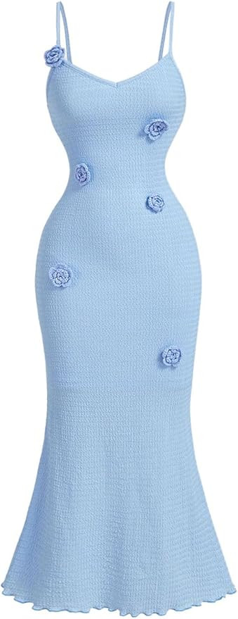 SOLY HUX Women's Summer Cami Midi Dress Floral Appliques V Neck Spaghetti Strap Bodycon Dresses | Amazon (US)