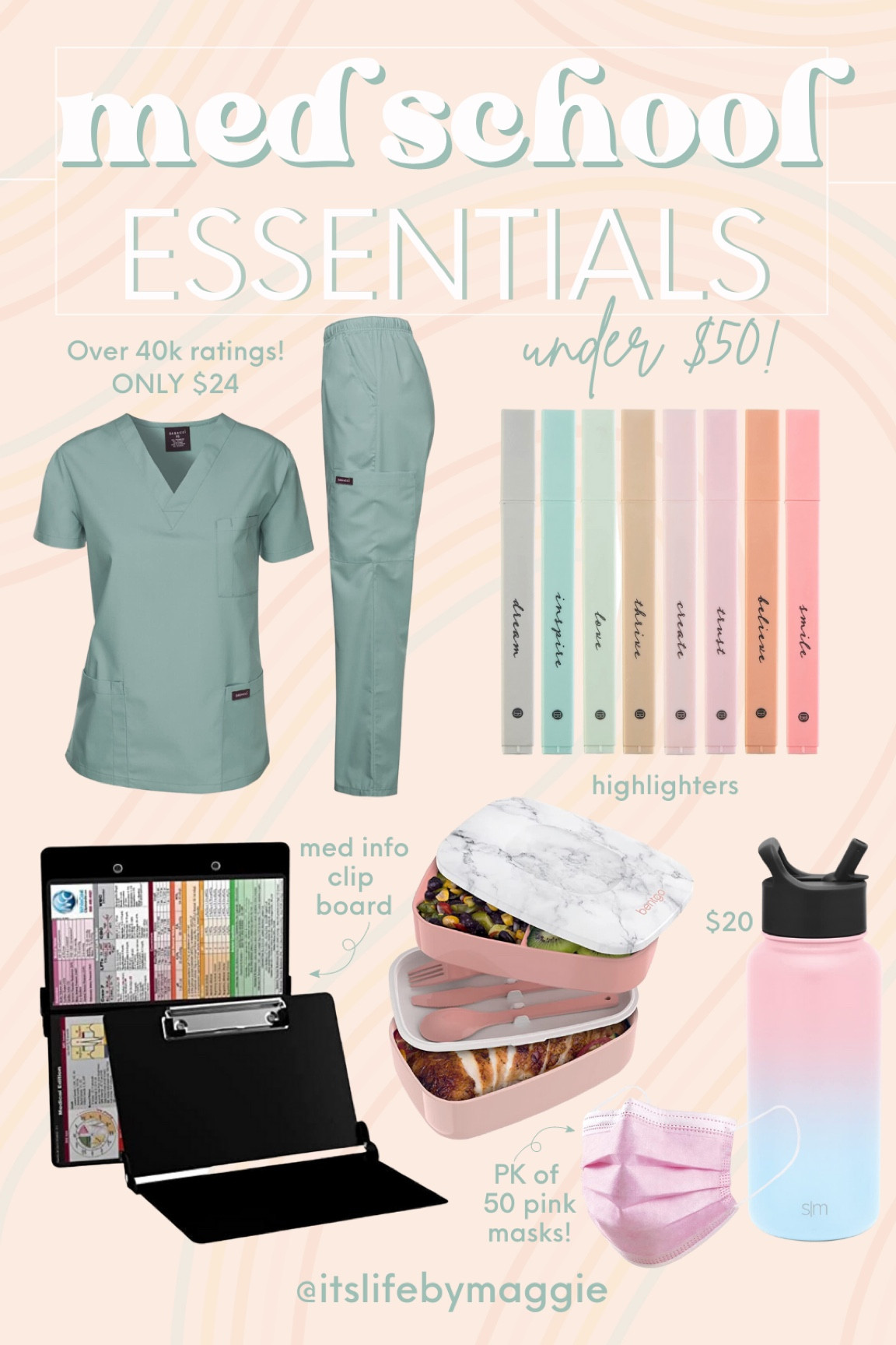 Medical school essentials all under $50!

#medschool #nursegifts #giftsfornurse #bentgobox #amazonscrubs #affordablescrubs #highlighters #waterbottle #simplemodern #pinkmasks

#LTKunder50 #LTKFind