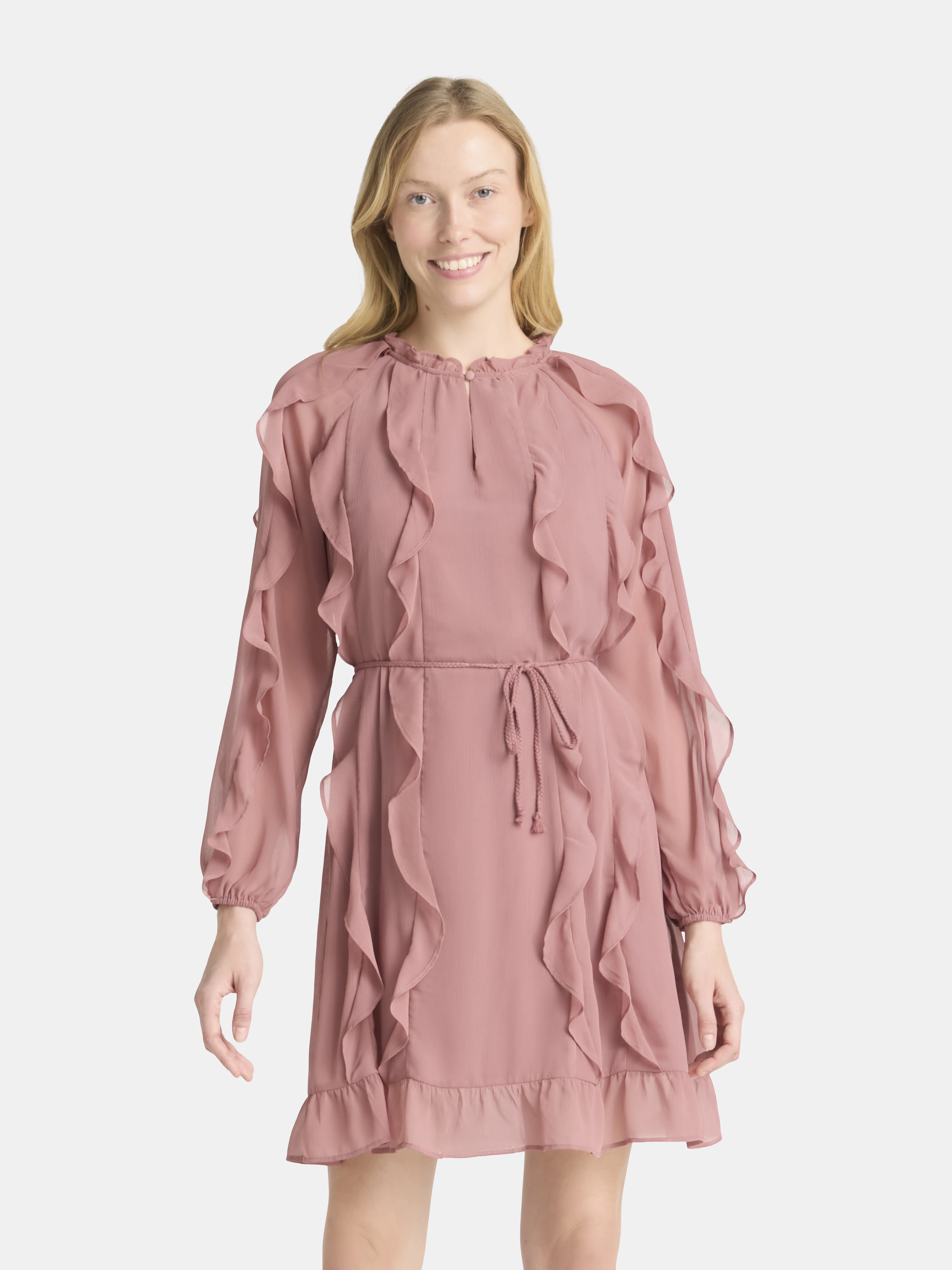 Time and Tru Women's and Women's Plus Belted Ruffle Mini Dress, Sizes XS-4X | Walmart (US)