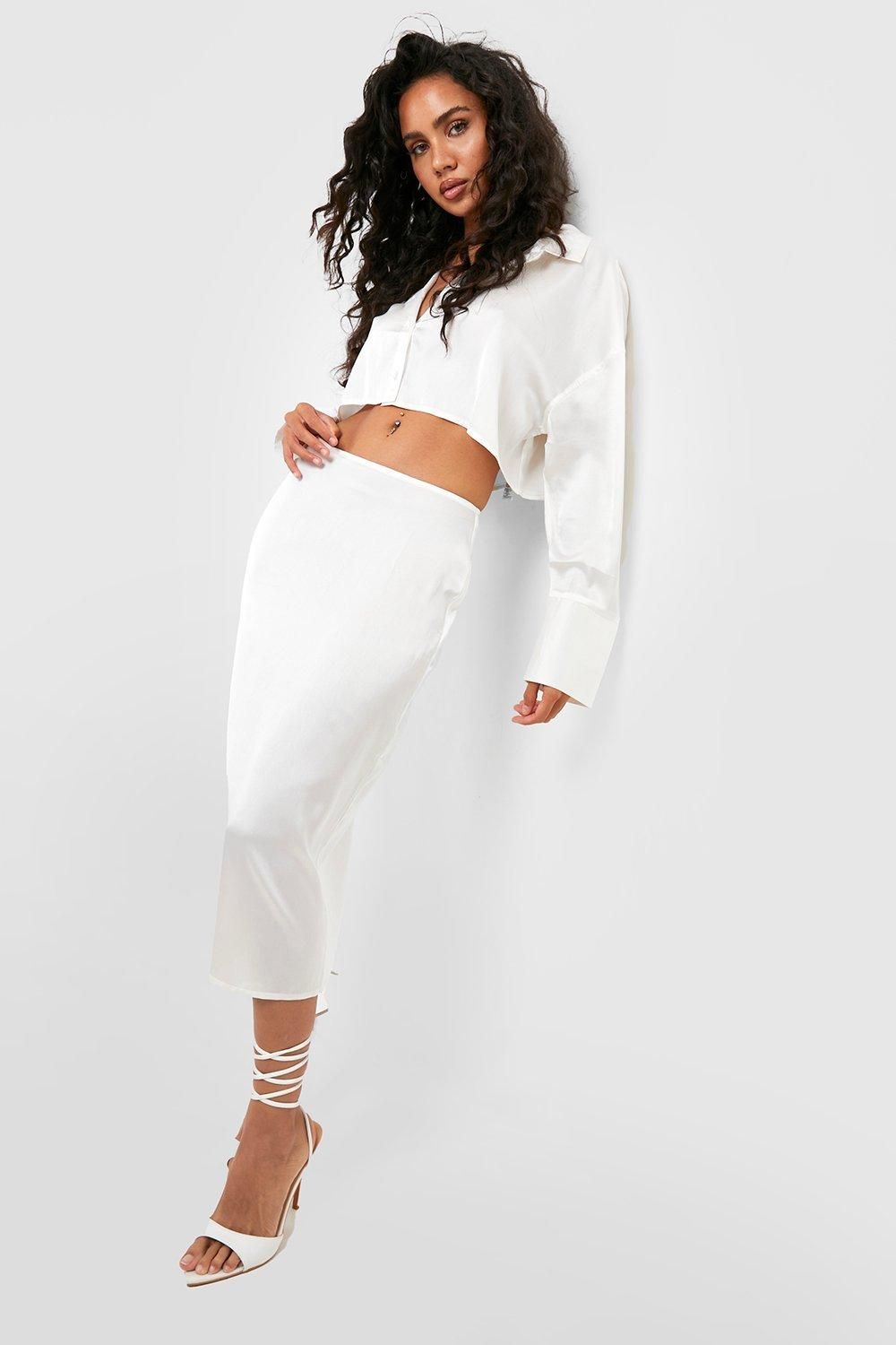 Womens Satin Midi Skirt - White - 12 | Boohoo.com (US & CA)