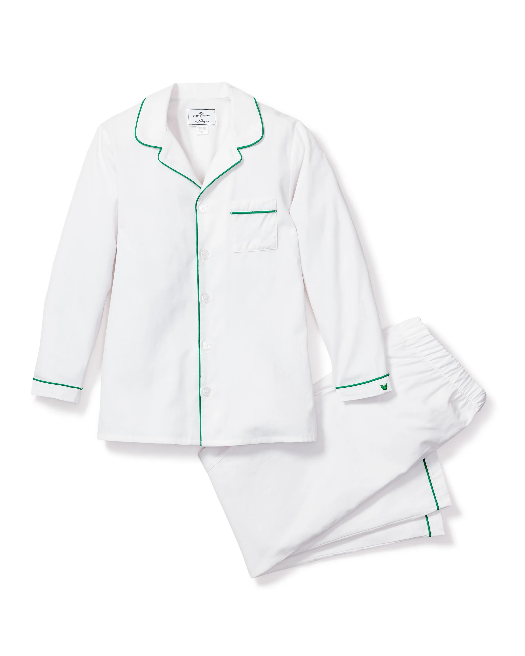 Kid's Twill Pajama Set in White with Green Piping | Petite Plume