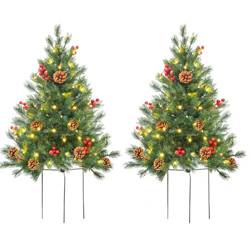ENVEN 24 Inch Outdoor Christmas Tree 2 Set, Pre-lit Mini Christmas Tree Artificial Pathway Xmas Tree 50 LED with Red Berries, Pine Cones for Porch Holiday Decor | Amazon (US)