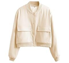 Women's Cropped Bomber Jacket Casual Button Up Crop Shacket Long Sleeve Baseball Jackets with Poc... | Amazon (US)