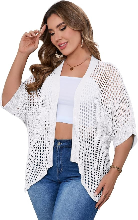 Women's Plus Size Crochet Cardigan 3/4 Sleeve Summer Open Front Knitted Sweater Tops | Amazon (US)