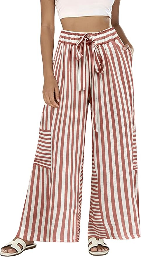 Bankeng Womens Summer Casual Striped Pants Loose Wide Leg Lounge Pants Elastic Waist Palazzo Trou... | Amazon (US)