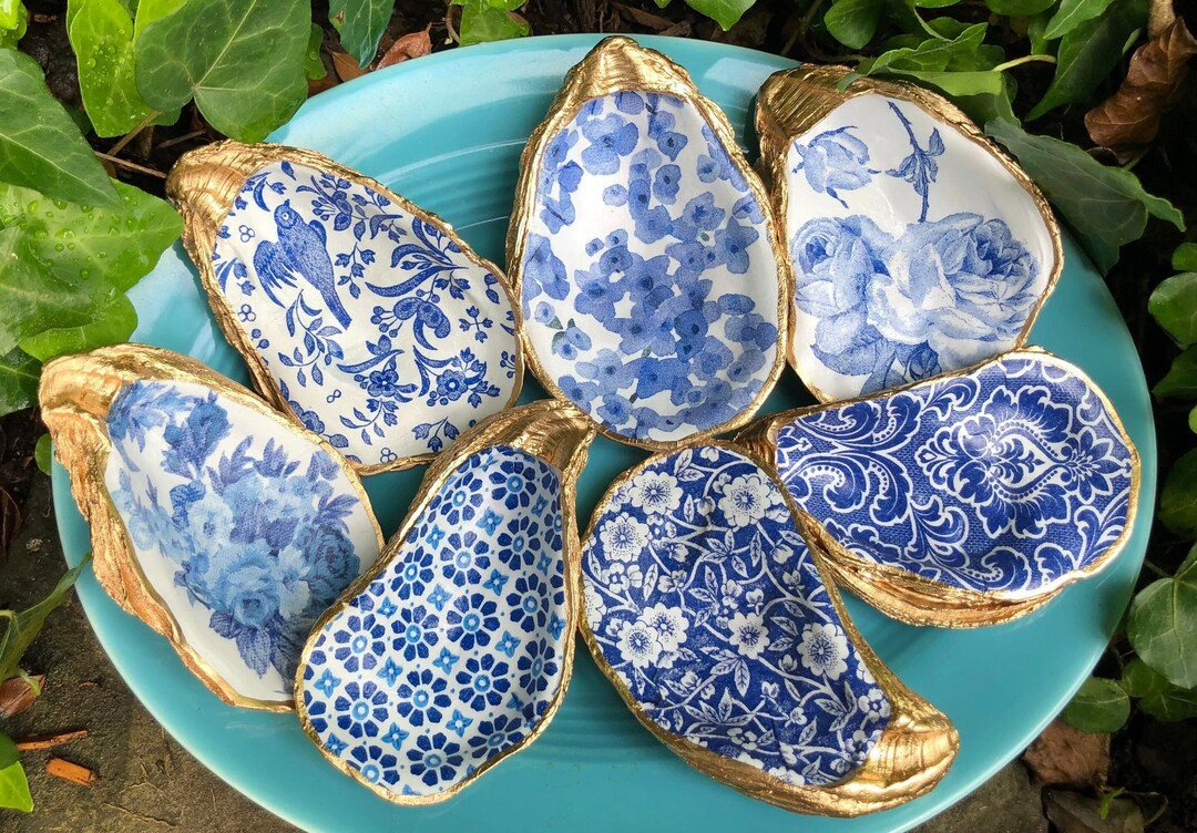 Oyster Shell Ring Dish, Decoupage Chinoiserie Jewelry Holder, Trinket Bowl Coastal Decor, Blue Wh... | Etsy (US)