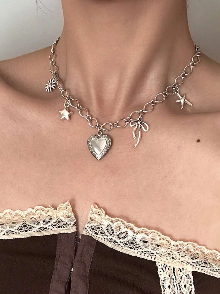 1pc Fun Heart Locket Charm Bow Starfish Daisy Star Women's Necklace, Suitable For Everyday, Gifts, Fashion Accessories | SHEIN