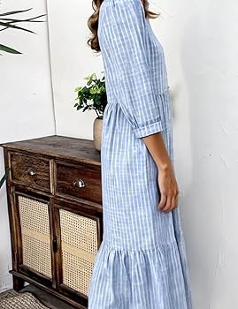 XNC Women's Blue and White Striped Shirt Maxi Dress 2026 Spring Fashion Collared Boho Breezy Prin... | Amazon (US)