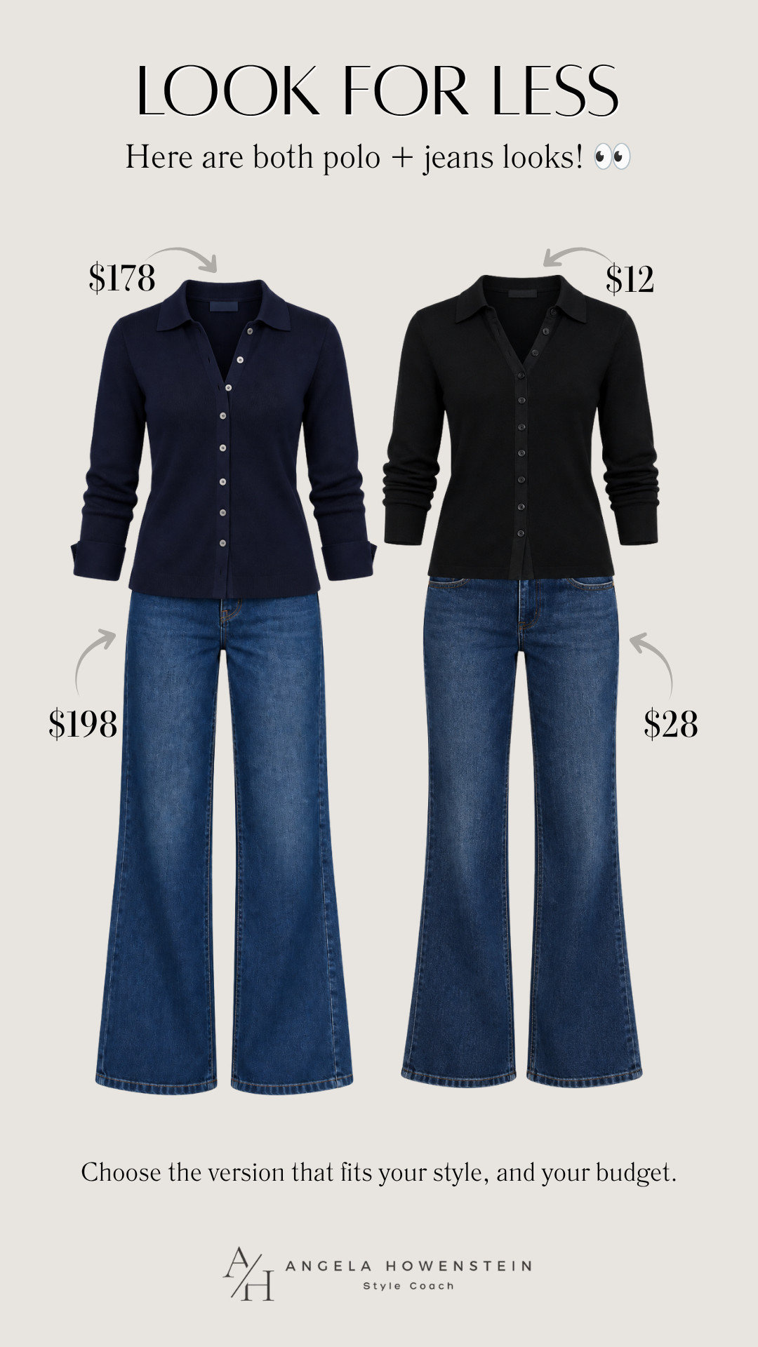 Which one would you choose? Two classic polo-and-wide-leg-jean outfits, two price points: the navy look is $376 for the top and jeans, while the black version is just $40. Both are timeless, easy-to-wear pieces for fall!

👩‍💻 LTK PRO TIPS
❤️ Heart = Support my posts ;-)
🔖 Save = Get sale & restock alerts for the things you love!
📋 Lists = Keep favorites organized (List ideas: Christmas, Birthdays, and Vacations!)
📲 Share = Send lists and products to a friend (or your daughters like me).
💬 Comment = Ask me anything, and I’ll answer. ;-) 

 #LTKootd #LTKSeasonal #LTKOver40