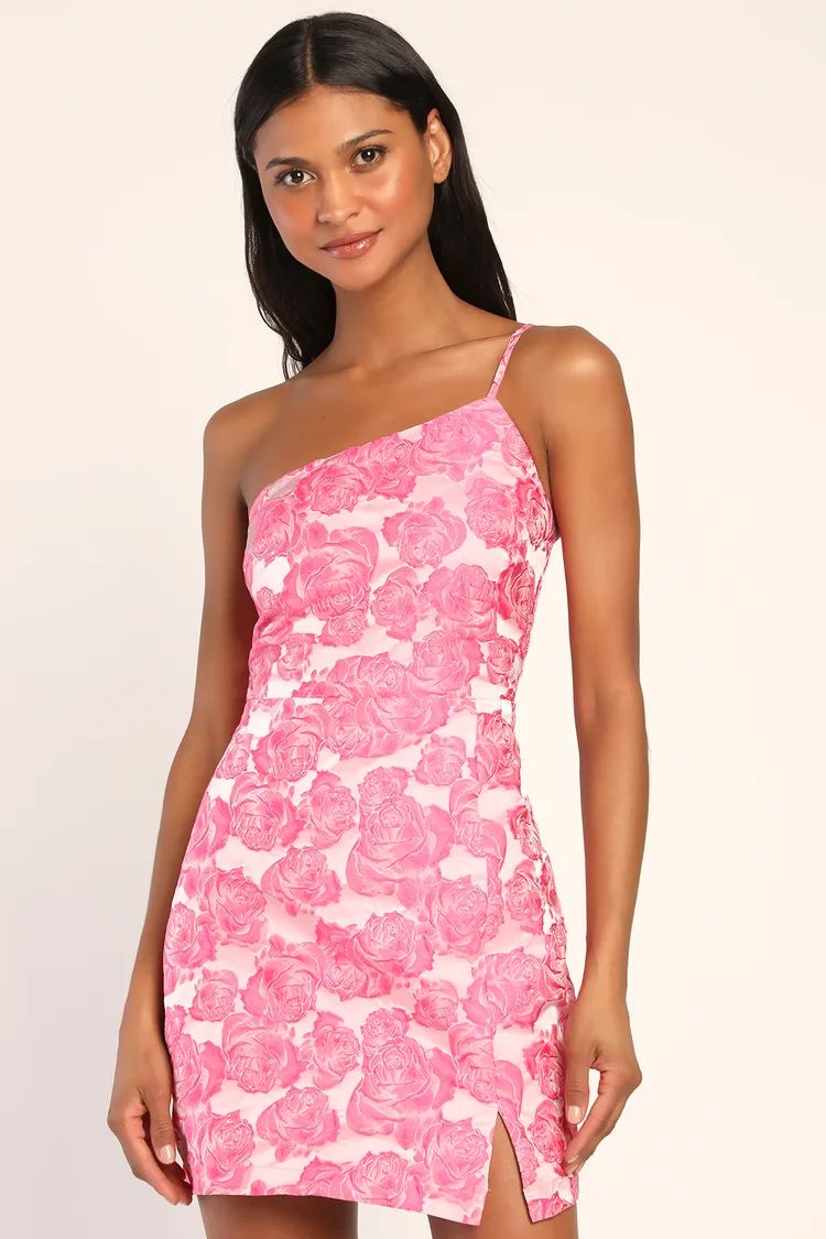 Flowery Fete Pink Floral Jacquard One-Shoulder Mini Dress | Lulus (US)