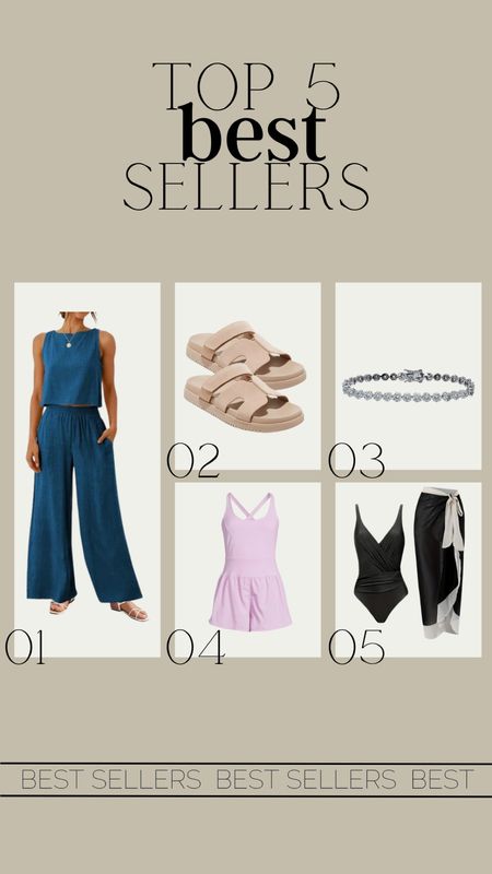 Top 5 best sellers from last week! Loving this 2pc blue set from Walmart! These tan sandals would pair great with the set and you could add the bracelet to dress it up a bit! This romper is perfect for those hot summer days and this black and white swim set is such a classic look for a beach day! 

#LTKStyleTip #LTKSwim #LTKShoeCrush