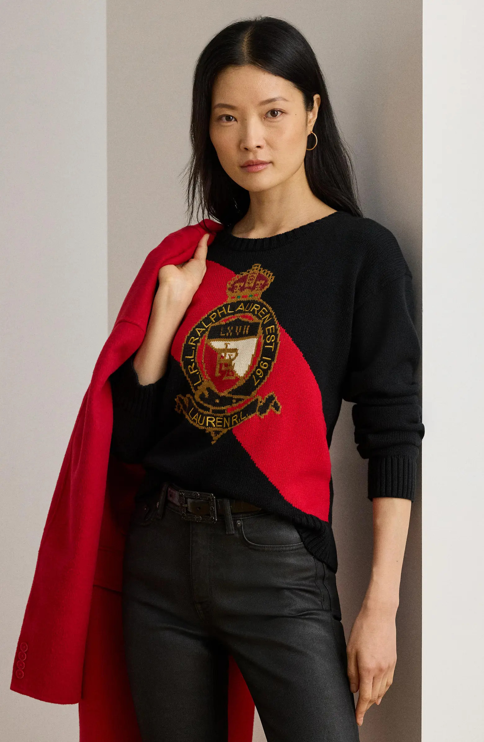 Lauren Ralph Lauren Colorblock Embroidered Crest Cotton Sweater | Nordstrom | Nordstrom