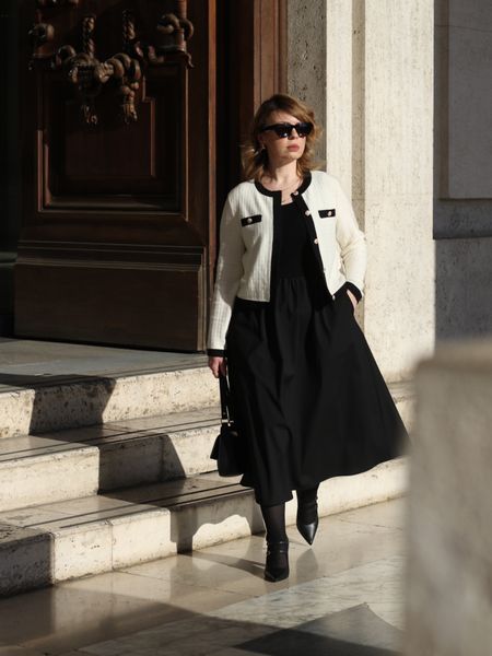 Bon Ton Outfit Idea with cardigan and black midi dress

Black dress, white cardigan, Chanel jacket, chic outfit, winter outfit, minimal style 

#LTKSeasonal #LTKeurope #LTKstyletip