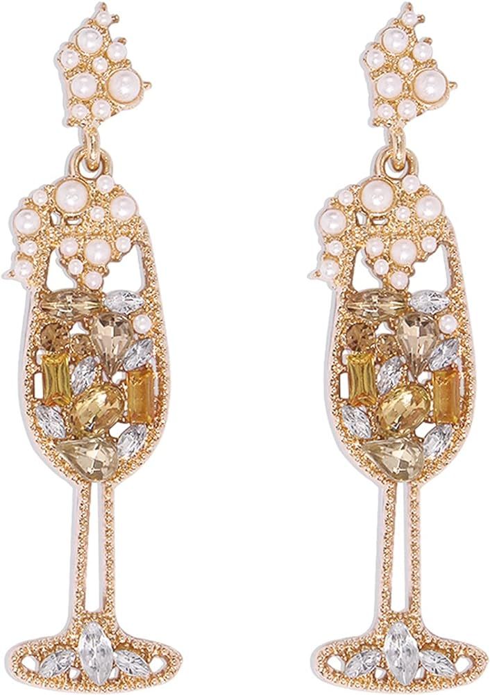 Handmade Champagne Martini Wine Glass Dangle Earrings Shiny Rhinestones Crystal Pearl Beaded Drop... | Amazon (US)