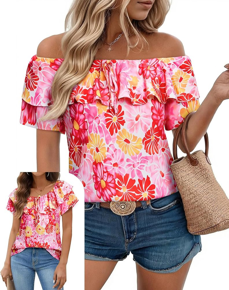 Off The Shoulder Tops for Women Boat Neck Blouses Casual Ruffle Short Sleeve Shirts Chiffon Summe... | Amazon (US)