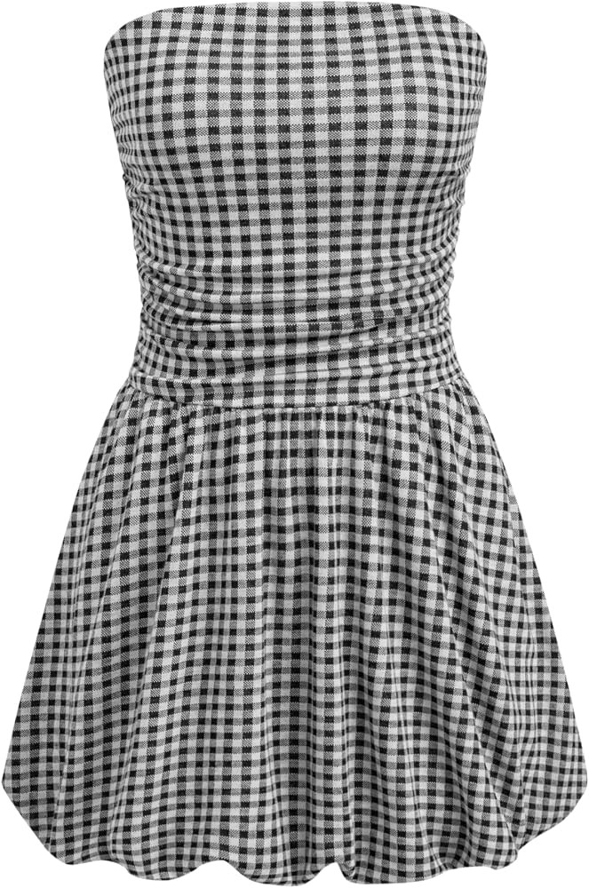 CIDER Women's Cocktail Dress Gingham Bubble Tube Dress Strapless Ruched Sleeveless Dresses for Su... | Amazon (US)