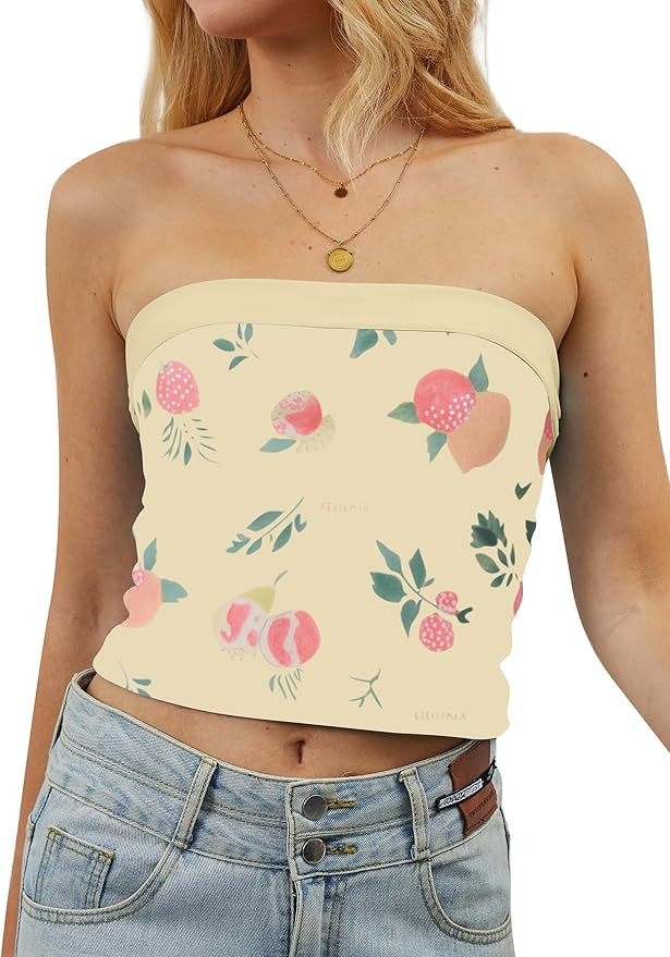TERIVEEK Women Strapless Reversible Foldover Tube Top Y2K Floral Print Graphic Crop Bandeau Tops ... | Amazon (US)