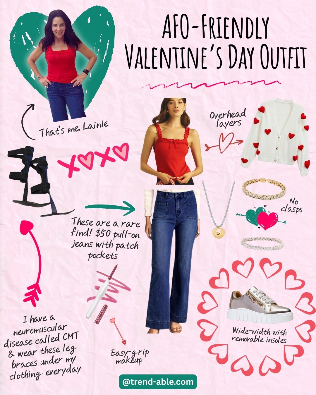 A cute, real-life Valentine’s Day outfit that’s actually AFO leg brace-friendly 💕 From pull-on jeans and wide-width sneakers with removable insoles to easy-grip makeup and no-clasp jewelry — every piece is stylish, comfy, and disability-friendly. I’ll put all the links in the comments! 💘

#LTKOver40 #LTKValentine #LTKNYFW