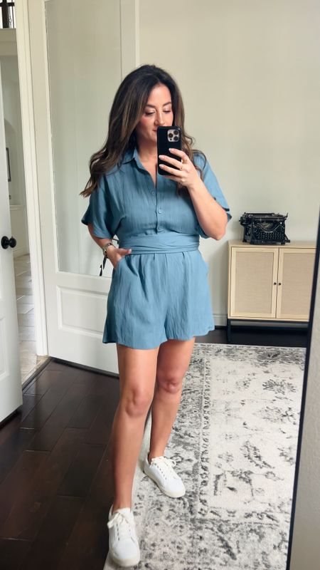 Blue romper that can tie in the front or back. Has two pockets and belt is NOT detachable. 

#LTKSeasonal #LTKVideo #LTKover40