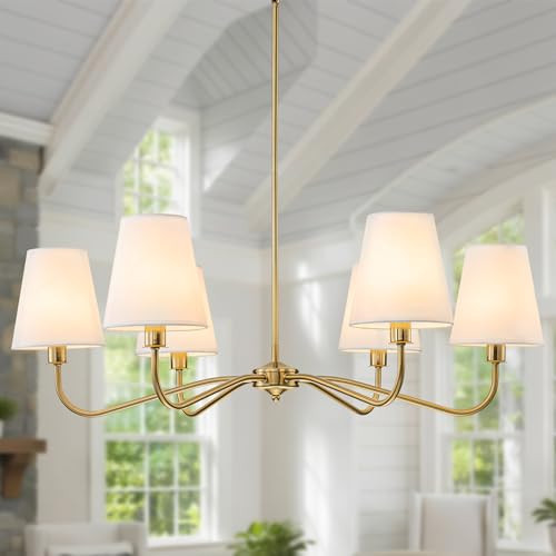 Brass Gold Chandeliers for Dining Room 6 Light Chandelier with Fabric Shade | Amazon (US)