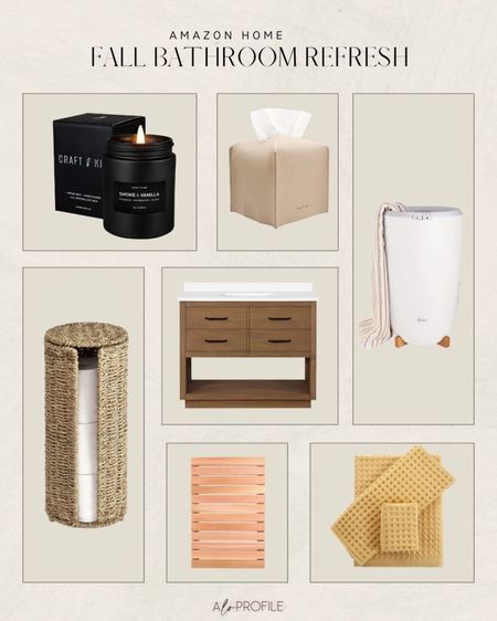 Amazon Home // Fall refresh, fall bathroom refresh, fall decor, fall candle, toilet paper holder, wicker decor, fall decor, bathroom vanity, towel warmer, yellow towels, fall colored towels, leather tissue paper holder, fall touches, fall decor, fall accents, fall accessories, cozy bathroom additions

#LTKhome