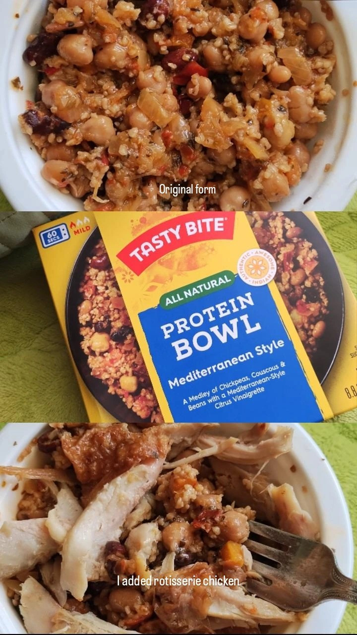EASY QUICK PROTEIN LUNCH🍜I was sent a protein bowl by Tasty Bite to try. I chose the Mediterranean Style flavor. It's filled with chickpeas, couscous, red kidney beans, white beans, and black beans. Takes only 1 minute to cook and I topped it off with the included citrus vinaigrette, which adds a nice brightness to the flavor.🍊Overall it's quite tasty, I added rotisserie chicken because I feel meat balances out the beans and couscous combo.🍗 Personally, I would buy this but next time I'm adding hot sauce for an extra spicy kick along with salt and pepper to bring out the flavor even more.🌶️ Add a piece of crusty buttery French bread and you'll have a complete meal.🥖

#LTKfoodie #LTKdayinmylife