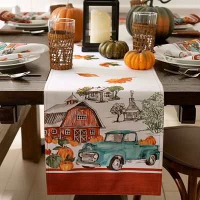 Farm Fresh Pumpkin Truck Fall Table Runner - Blue/Orange - 13x70 - Elrene Home Fashions | Target