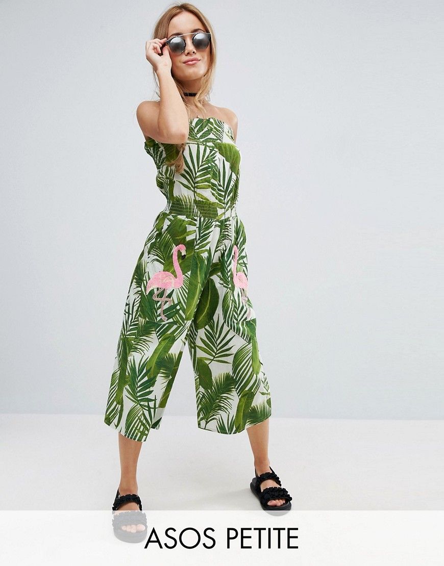 ASOS PETITE Bandeau Jumpsuit in Print with Embellished Flamingo - Green | ASOS US