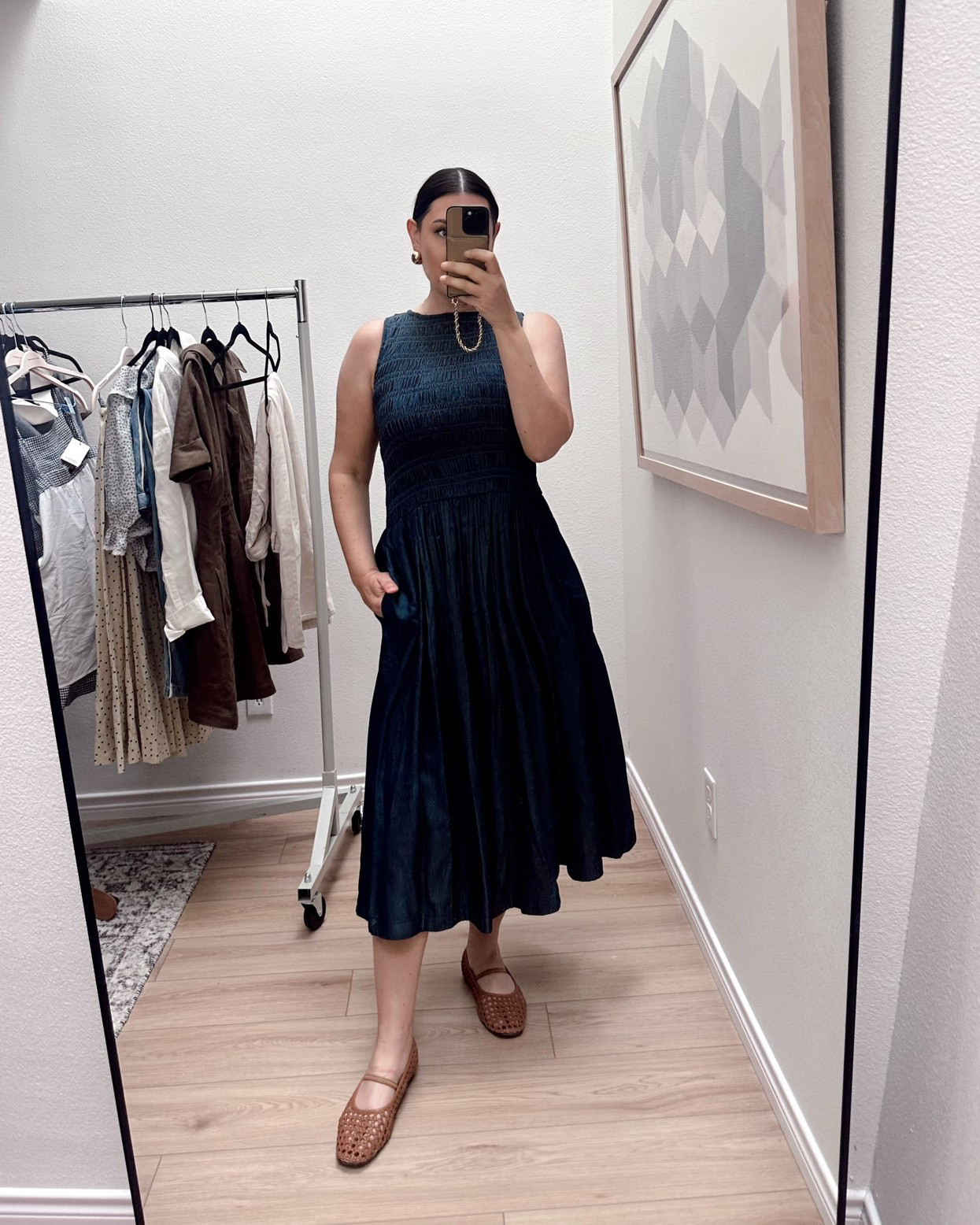 I have this same dress in a brown from last summer / fall! Now if you remember last year this dress ran generously, the medium fit loose like a large. They’ve since fixed sizing, so it runs TTS. I am in the large for boobies and it’s a perfect fit! True to size with a stretchy top!

This is a denim, by the way, as it’s hard to tell here. Gorgeous, too, it’s a dark chambray and the bottom half is more structured so it has really beautiful movement to it. Twirlability: 8/10. 

 