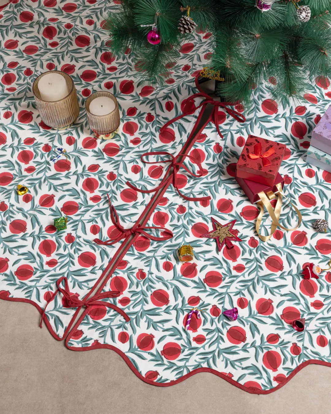 Indian Block Print Christmas Tree Skirt, Handmade Red Green Tree Cover, Holiday Home Decor. - Ets... | Etsy (US)