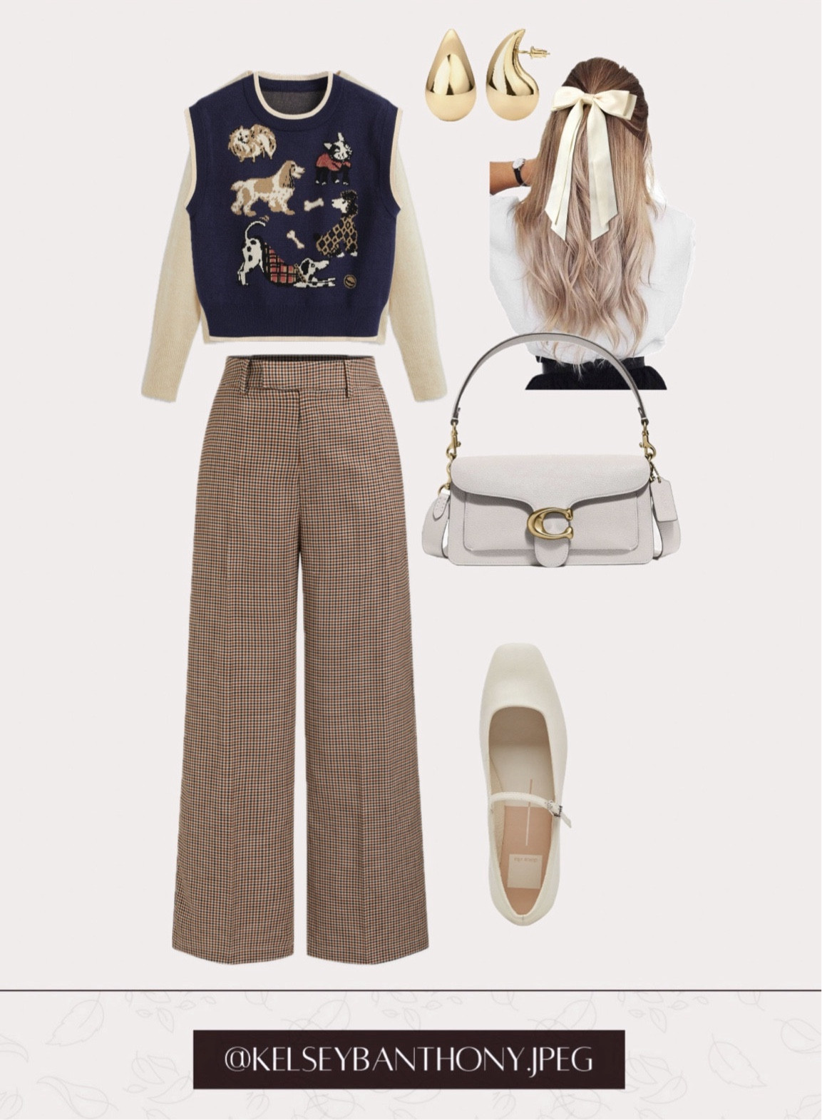 🍂 Pre-Fall Favorites 🍂 Elevate your autumn wardrobe with this chic, playful look! 🍎 Featuring a cozy dog-print sweater vest layered over a long-sleeve, paired with high-waisted plaid wide-leg trousers for a touch of sophistication. Accessorized with elegant gold teardrop earrings, a vintage-inspired white ribbon hair bow, and a classic ivory shoulder bag. Complete the look with comfy, retro Mary Jane flats. Perfect for those crisp fall days sipping cider and enjoying the changing leaves! ✨ #PreFallFashion #FallOutfitInspo #CozyChic #PlaidPants #SweaterVest #FallAccessories #FashionFavorites

#LTKSeasonal #LTKFallSale #LTKStyleTip