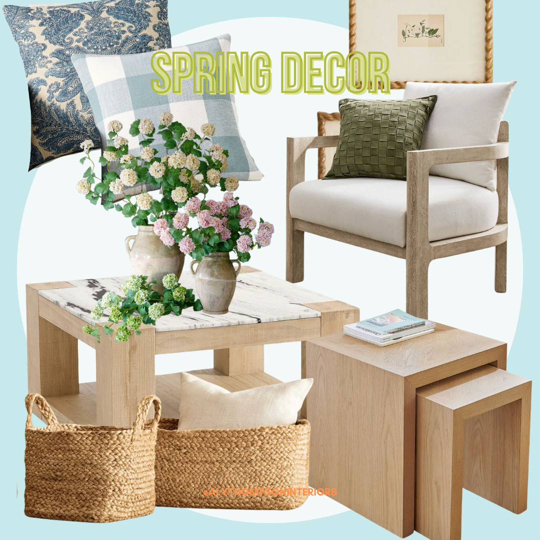 Spring Decor | Home Decor | Accent Pillows | Accent Chair | Faux Florals | Coffee Table | Nesting End Table | Wicker Baskets 

 #LTKSeasonal #LTKHome #LTKFindsUnder100
