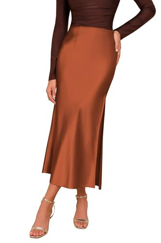 Women's Elegant Skirts Long Solid Satin Skirts Soft Silky Skirt Summer Casual A Line Silk Skirt Dark Brown | Amazon (US)