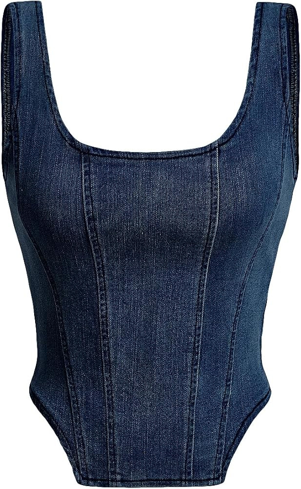 Verdusa Women's Zip Up Back Asymmetrical Scoop Neck Sleeveless Denim Crop Tank Top | Amazon (US)