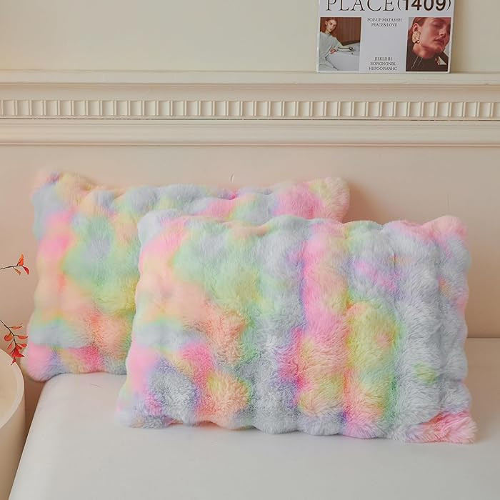 LIFEREVO 2 Pieces Fluffy Faux Rabbit Fur Pillow Cases Bubble Pillowcases Standard Size Pillow Sha... | Amazon (US)