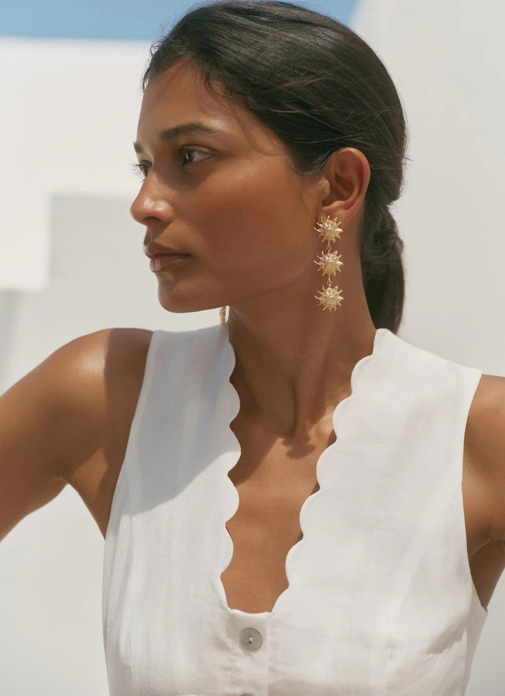 Gold Tone Sun Drop Earrings | Mint Velvet