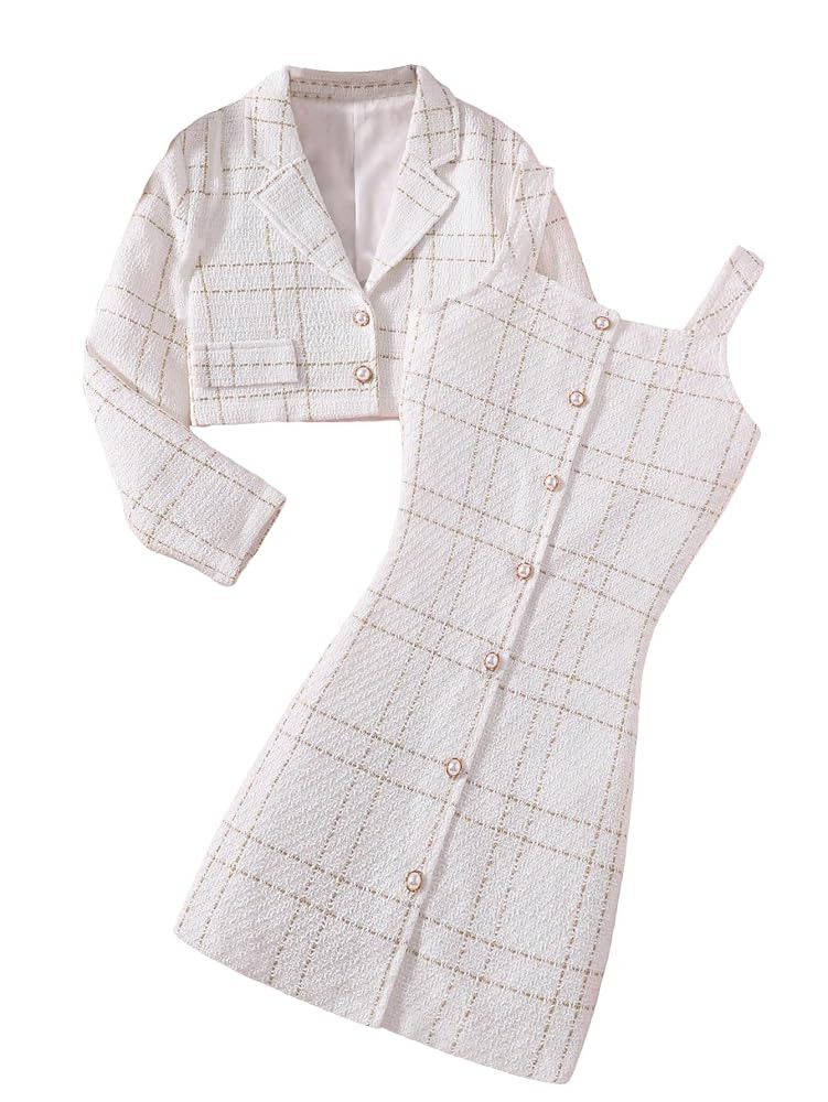 Floerns Girl's Plaid Long Sleeve Button Front Tweed Blazer with Cami Dress Set | Amazon (US)
