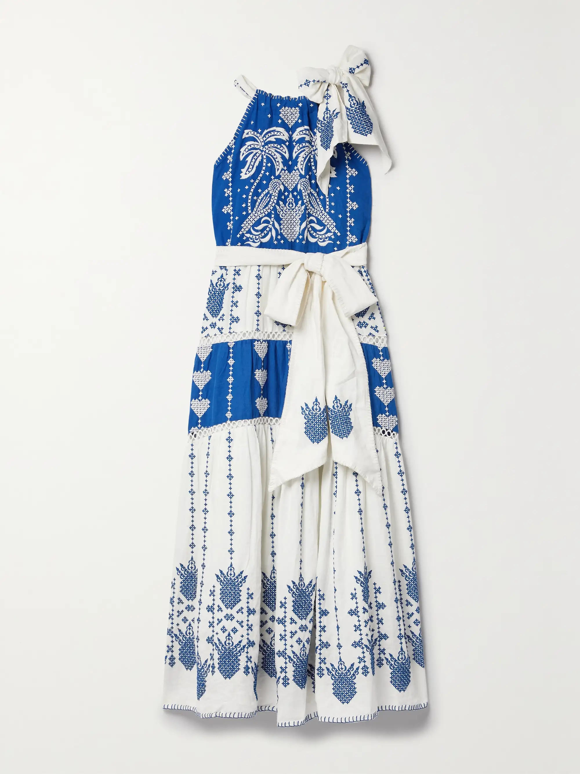 Belted tiered embroidered linen-blend voile midi dress | NET-A-PORTER (US)